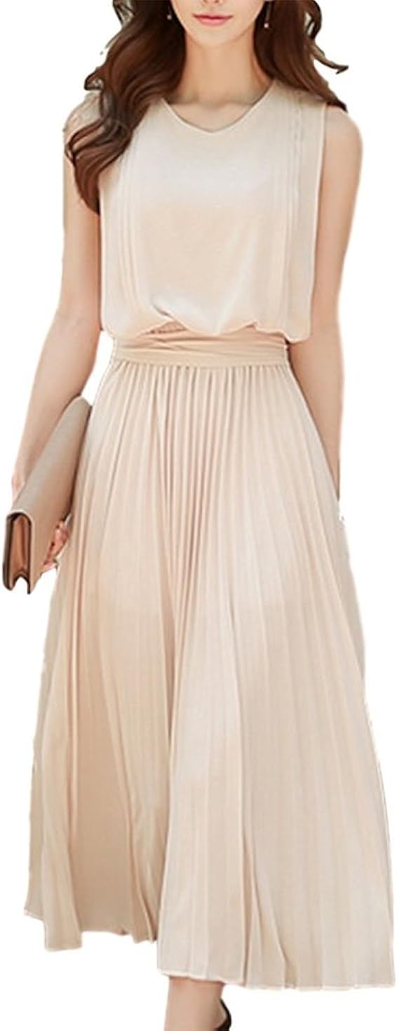Amazon Yusoi レディース マキシワンピース シフォン ワンピース ノースリーブ 韓国風 ロング 大人 オシャレ 上品 ワンピース チュニック 通販