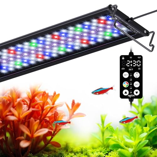 SEAOURA LED Light Aquarium Full Spectrum Timer 24/7 90-106 cm | LED high PAR, cycle day night, 3 timer+memory, 20 dim+9 colours, 15min gradation, adjustable supports, aluminium