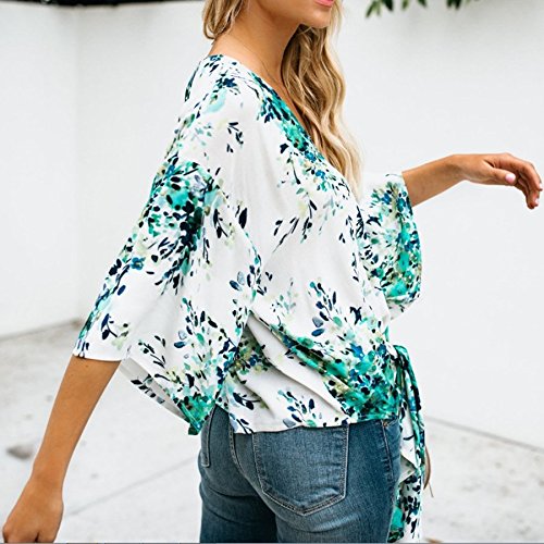 JunJunBag Women\'s 3/4 Sleeves Floral Printed V-Neck Bow Tie Casual Blouses Tops