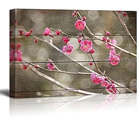 Bright Pink Blossoms on Branch Bokeh Lighting - Rustic Floral Arrangements - Pastels Colorful Beautiful - Canvas Art Home Art - 12x18 inches