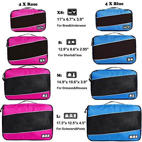 Packing Cubes Luggage Suitcase Organizer Bags for Travel Accessories 8 Set (Rose Blue)