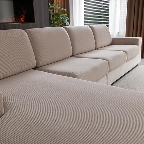 OHSIO Stretch Sofa Cushion Cover, Non-Slip, Washable, Universal, Durable and Easy to Clean (Light Brown, 2 S Seat Covers + 1 Chaise Longue Cover)
