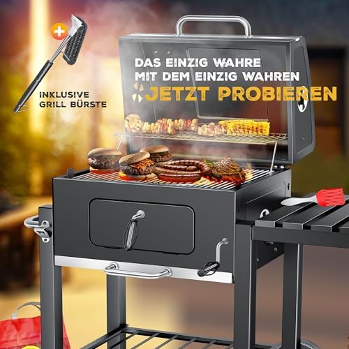 ® Grill Grillwagen BBQ Smoker XL Holzkohlegrill mit Deckel, Rädern, Edelstahl-Griff, Grillrost, Thermometer, & Silikon-Pinsel, Standgrill, Kohlegrillwagen