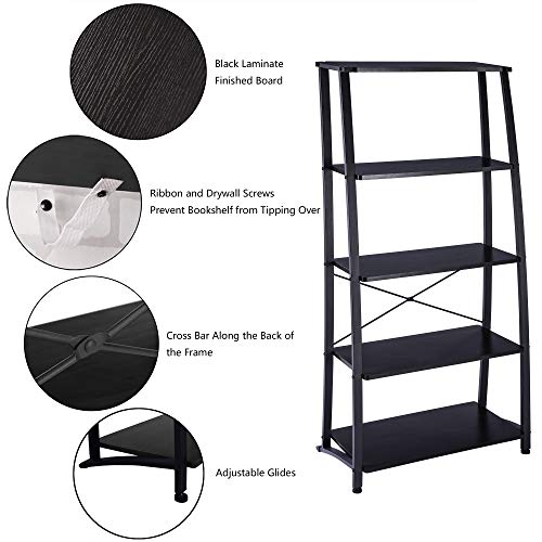 FIVEGIVEN 5 Shelf Ladder Bookshelf Tall Modern Office Book Shelf Wood Look Metal Frame Open Bookcase Brownish Black - Thumbnail 5