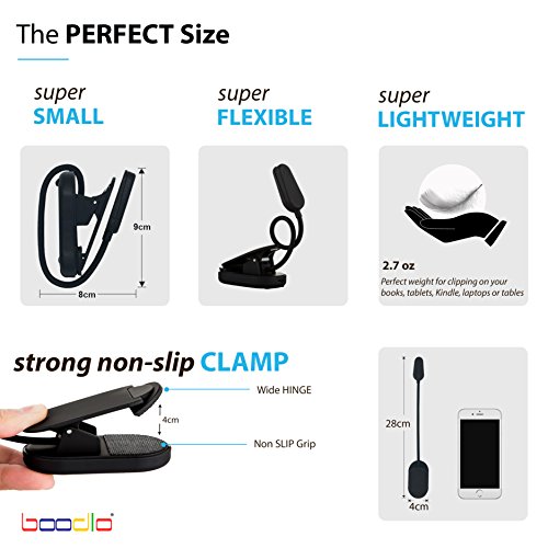 BOODLO 360° RECHARGEABLE BOOK LIGHT for reading in Bed or Desk with EYE-CARE Protection, 20 HOURS of Reading, 2 Modes, 4 LED, Easy CLIP ON Reading Light, LIGHTWEIGHT, for Music stand (WHITE)
