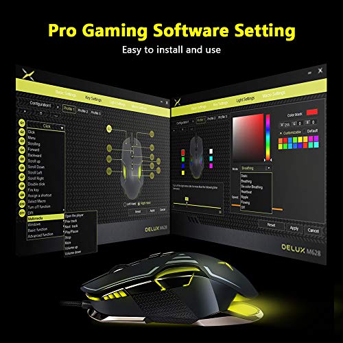 DELUX Wired Gaming Mouse with Pixart PMW3389 16000DPI Optical High Precision Sensor, Chroma RGB Lighting, Ambidextrous 9 Programmable Buttons Design and 15g Personalized Weight (M628BU(3389)-Black)