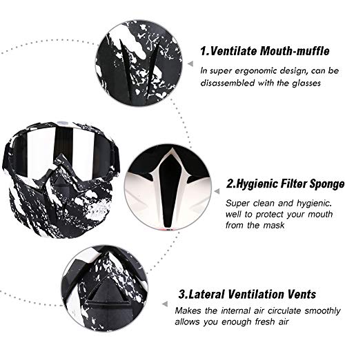 PiscatorZone Motorcycle Goggles Mask, Tactical Glasses with Detachable Mask Adjustable Windproof Outdoor Paintball Airsoft Mask Face Shield for Kids Men Women