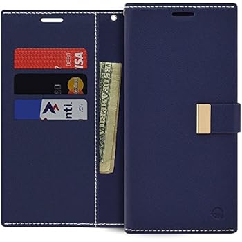 Qoosan Galaxy Note 5 Wallet Case, Slim Leather Flip Cover with Card Holder, Navy Blue