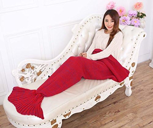 Zmsj-Handmade Knitted Mermaid Tail Blanket ,Sofa Quilt Living room blanket Mermaid Blanket for Adults and Kids 190cmX90cm（75 inch x35.4 inch )(Red)