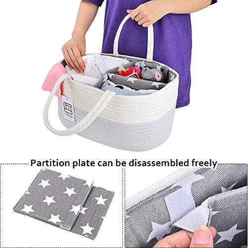 Mebbay Baby Diaper Caddy Organizer, Cotton Rope Storage Basket, Nursery Storage Bin for Changing Table and Car, Detachable Partition with Bottle Holder, Gray