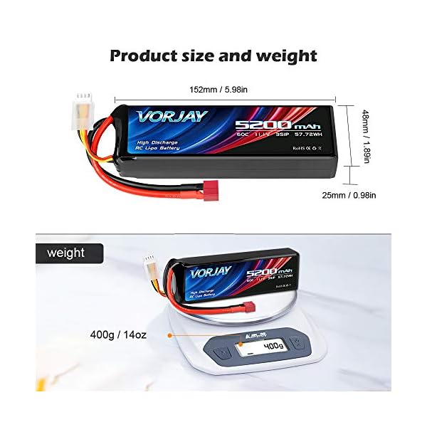 VORJAY 2S LiPo Akku 7.4V 80C 5200mAh mit Deans Stecker Batterie Ersatzakku für Wing RC Auto Rock Crawler Airplane… – Bild 6