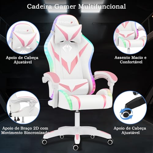 Cadeira Gamer RGB Python Fly com Iluminação Decorativa, Encosto Reclinável, Design Ergonômico para Escritório e Jogos (Rosa)