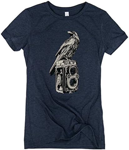 Wandering Ink Women's Crow and Rolleiflex Super Soft Hand Printed Tee Shirt (Medium, Heather Navy)