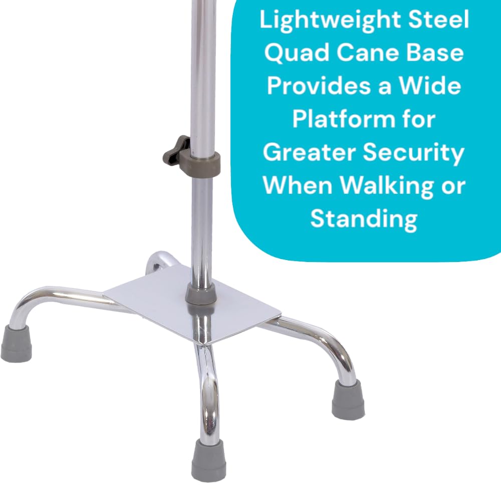 Essential Medical Supply Large Base Quad Cane in Silver - Height Adjustable Walking Cane, Sturdy and Durable Walking Cane for Improved Mobility and Stability with 4 Prong Base and Rubbber Tips