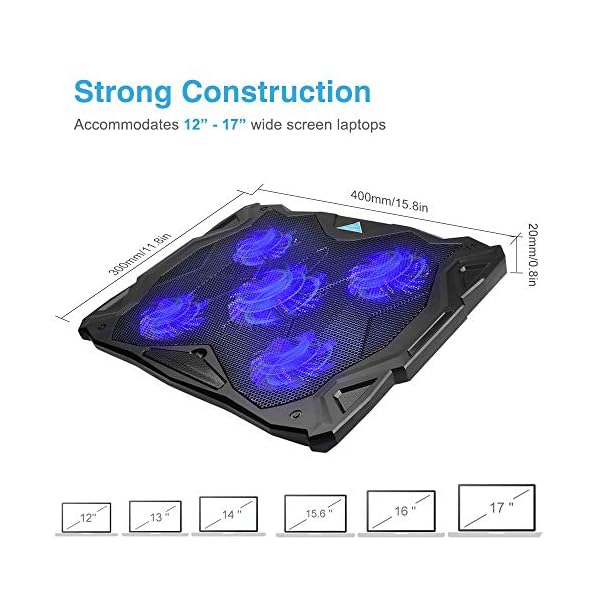 TECKNET-Laptop-and-Notebook-Cooling-Pad-With-5-Fans-at-1500-RPM-and-Blue-LED-Laptop-Cooler-fits-12-17 TECKNET Laptop Cooling Pads,Notebook Cooling Chill Mat With 5 Fans,Speed Adjustable,Extra USB Ports, Adustable Height…