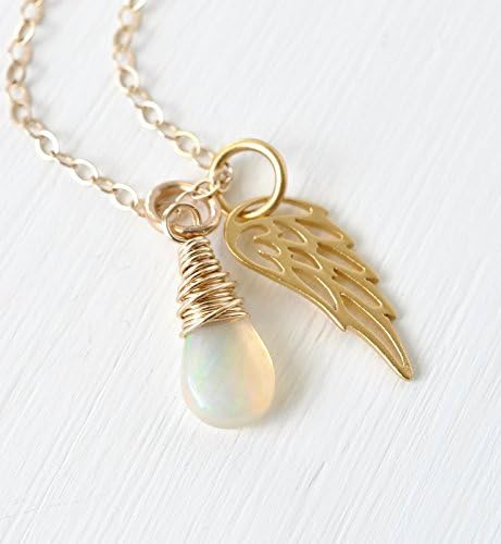 Loss of Baby Memorial Necklace with Angel Wing and October Birthstone Opal