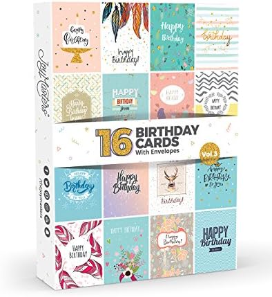 16 x Birthday Cards by Joy MastersTM Vol.3 | Boxed Multipack with White Envelopes | Great Value Set for Men &amp; Woman