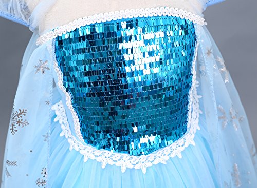 Cotrio Elsa Costume Dress Girls Snow Queen Princess Dresses Kids Halloween Outfit Clothes Party Fancy Dress with Wig, Gloves, Tiara, Wand Size 8 (7-8 Years, Blue, 130)