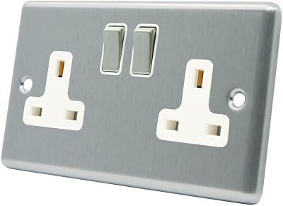 Alliance Electrical 13A 2-Gang Chrome Plug Socket White Insert Metal Rocker