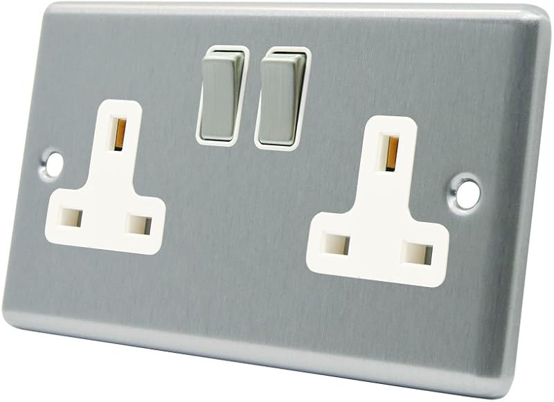 Alliance Electrical 13A 2-Gang Chrome Plug Socket White Insert Metal Rocker