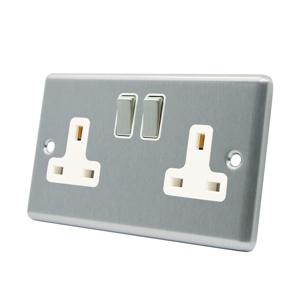 AET CSC2GSOCWS 13 A 2-Gang Satin Finish Chrome Classical Double Plug Socket with White Insert Metal Rocker Switch