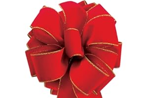 OLYPHAN Red Velvet Ribbon Velvet Christmas Ribbon Red Wired 50 Yards/2.5 (2 1/2) Inch Wide w. Gold Trim Wire-Edge: Valentine, Xmas Gift Wrap, Christmas Tree Bows/Outdoor/Wire Ribbons for Crafts/Gifts