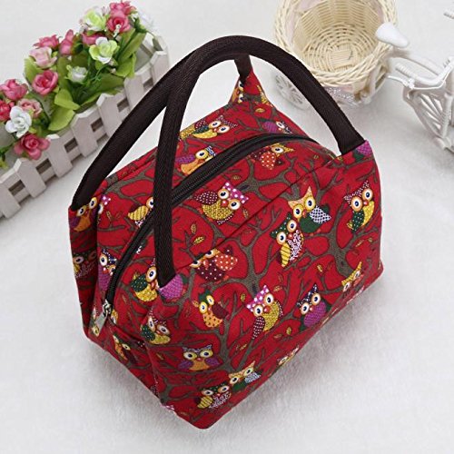 Insulated Adult Lunch Bag,Thenlian Owl Thermal Insulated Tote Picnic Lunch Cool Bag Cooler Box Handbag Pouch with Strap for Men Women Kids (Red)