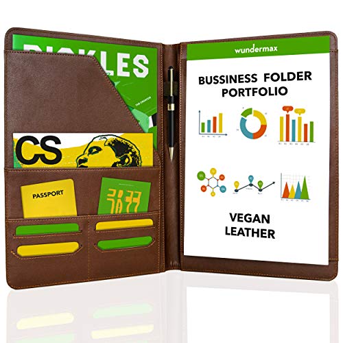 Wundermax Padfolio Portfolio Vegan Leather Binder Business Folder Resume Organizer with Legal Size Notepad Holder for Professional Notebook Interview Designer Clipboard Folio for Men Women Brown