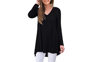 POPYOUNG Women's Fall Long Sleeve Tunic Tops for Leggings V-Neck Casual Blouse T-Shirt