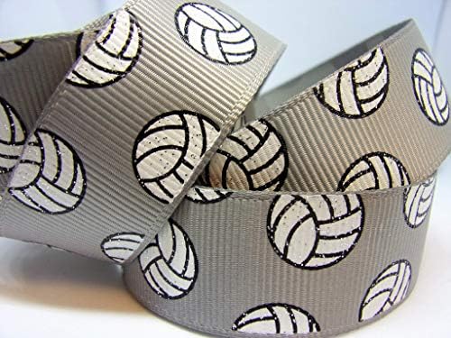 Grosgrain Ribbon Grey Volleyball Print With Glitter Volleyballs