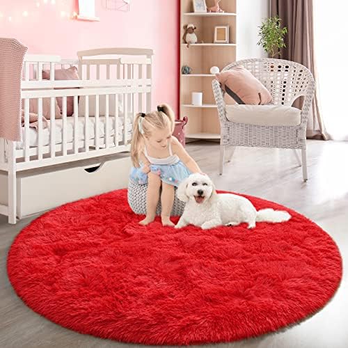 FlyDOIT Red Round Rug for Bedroom, Super Fluffy Circle Rugs for