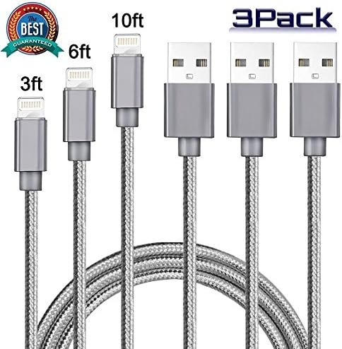 Lightning Cable iPhone Charger 3Pack 3FT / 6FT / 10FT (1M / 2M / 3M) Nylon Braided Charging Cable USB Charger Cable for Apple iPhone X/8/7/7 Plus/6s plus/6s/6/6 plus, iPad/iPod (Sliver Gray)