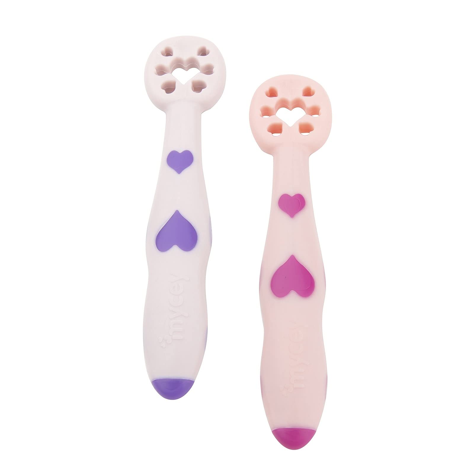 Mycey Soft Tip Puree Dipper - First Self-Feeding Weaning Spoons, Chunky Handles, Reversible, Grips Food Easily,FlexiDip, Baby Starter Spoon, Ideal BLW,Baby Starter Smoosh Spoon, 4m+, Pack of 2 - Pink