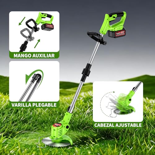 Podadora de Pasto, 4 en 1 Desbrozadora Eléctrica Inalámbrico, Cortacésped Eléctrico con Cabezal Ajustable 90°,4 Tipos de Herramientas de Corte, Portátil y Plegable–Césped, Maleza, Arbustos y Bordes