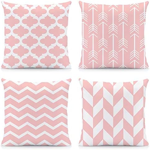 AZSMILE Pink Geometric Pattern Cushion Covers Decorative Throw Pillows for Sofa 18x18 inches Pack of 4