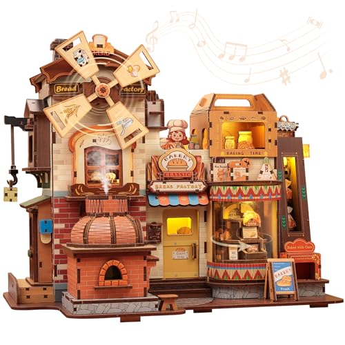 Cutefun Kit de Modelismo 3D en Madera – Book Nook de 572 Piezas para Adultos – Maqueta a Escala con Música y Luz LED – Fábrica de Regalos Temática de Pan
