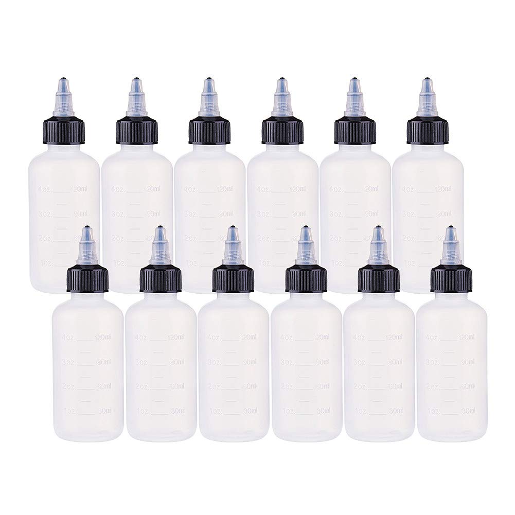 BENECREAT 12PCS 120ml Plastic Empty Squeeze Bottles With Black Twist Graduated Squeeze Dispensing Bottles for Ink Tattoo Liquid Painting Glue