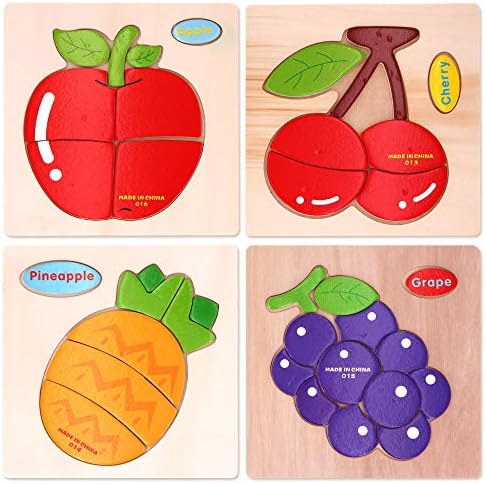 Sealive Fruits Chunky Puzzles Peg Puzzle, 4 Piece Puzzle Wooden Jigsaw Puzzles for Toddlers, Shape and Color Matching Games Educational Toys for Kids Boys Girls