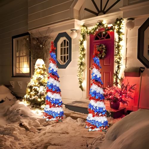 5Ft Pop up Christmas Tree 4th of July Patriotic Decorations Tree, Artificial Collapsible Star Sequins Christmas Tree for Indoor Outdoor Independence Day Red White and Blue Decorations
