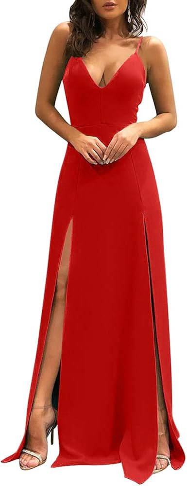 TOB Women's Sexy Sleeveless Spaghetti Strap Backless Split Cocktail Long Dress: Clothing