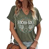 Women Vintage V Neck Shirts Rock and Roll Music Guitar Graphic T Shirt Country Music Tops Teacher Tee