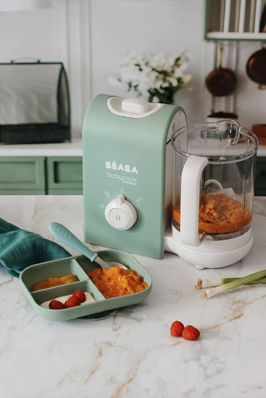 BEABA, Babycook Express, Baby Robot 4 in 1 Mixer/Standmixer, 15 Min. schnelles Kochen, Mixen nach Maß, schonendes und gesundes Dampfgaren, Auftauen, homogene Textur, Kapazität 1 250 ml, Salbeigrün