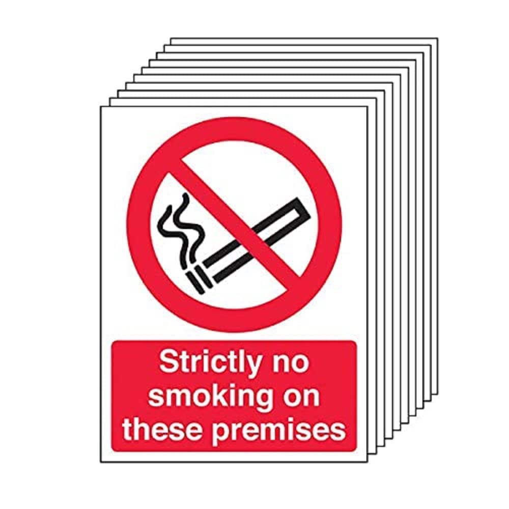 V Safety Prohibition No Smoking - Strictly No Smoking On These Premises - 150 x 200mm - Pack of 10