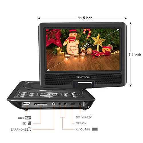 9"Portable DVD Player for Kids - TEKITSFUN 180°Swivel Screen 5 Hours Built-in Rechargeable Battery, SD/USB Port, Portable CD Player with Remote Control- Black (Valentine's Day Gifts)