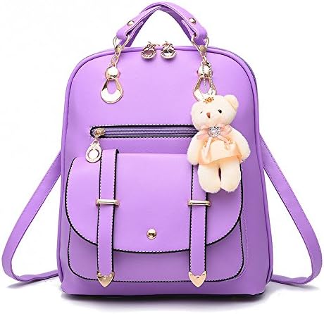 Purple Backpack Arcuate Shoulder Strap With Bear Double Root Zipper Pattern Type Solid PU Leather