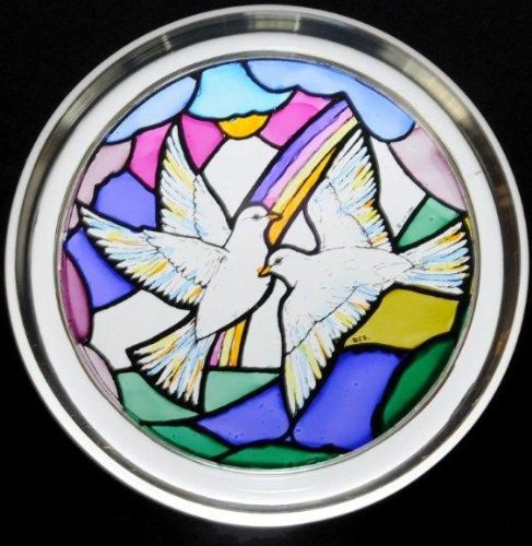 Decorative Hand Printed Stained Glass Paperweight in a Doves of Peace Design.