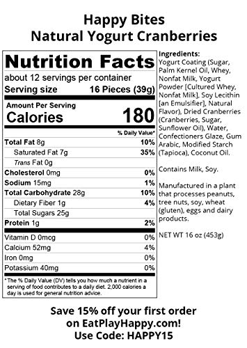 Happy Bites Yogurt Covered Cranberries - Natural Yogurt - Resealable Pouch Bag (1 Pound)