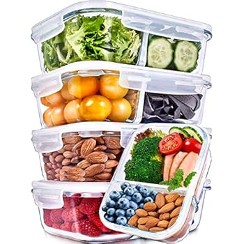 Glass Meal Prep Containers 2 Compartment Meal Prep Containers Glass (36 Ounce, 5 Pack) - Glass Food Prep Containers Glass Divided Lunch Containers Glass Lunch Containers with Lids Glass Containers