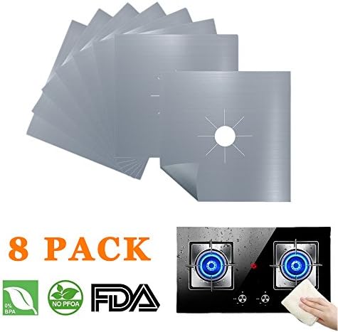 Gas Stove Burner Covers 8 Pack Reusable Non Stick Gas Range Protectors Liners 10.6 x 10.6 inches with FDA Approved, Cuttable, Heat Resistant, Silver