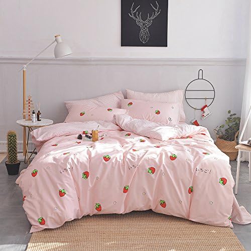 Strawberry Duvet Cover Set Queen Size, 100% Soft Cotton Bedding, Red Strawberry Fruit Pattern Printed on Pink, Great Gift for Girls Kids Teens by MicBridal